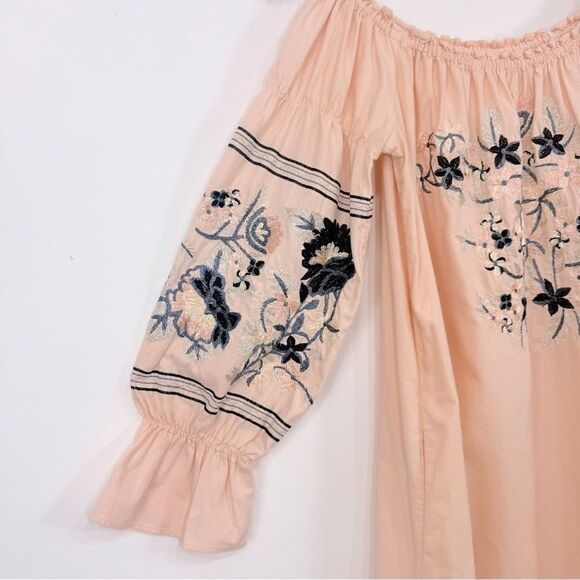 Free People Peach Navy Floral Embroidered Off Shoulder Mini Tunic Dress - Picture 8 of 16